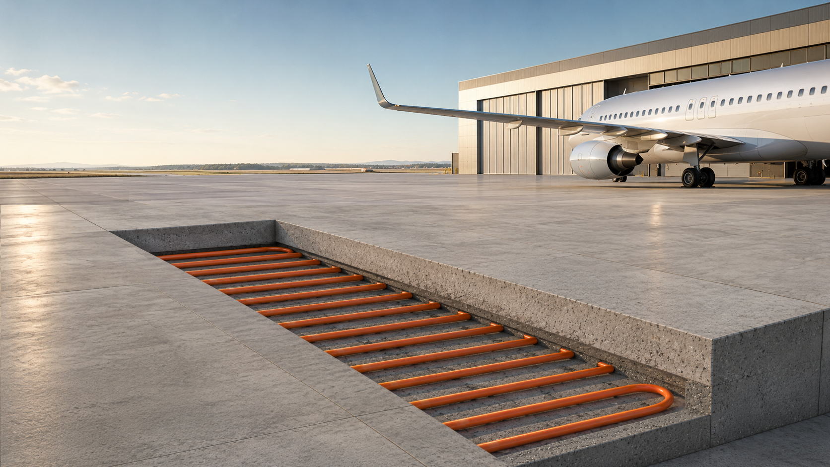 Concept visualisation showing thermal collector pipes beneath a concrete apron, with an aircraft parked beside a hangar